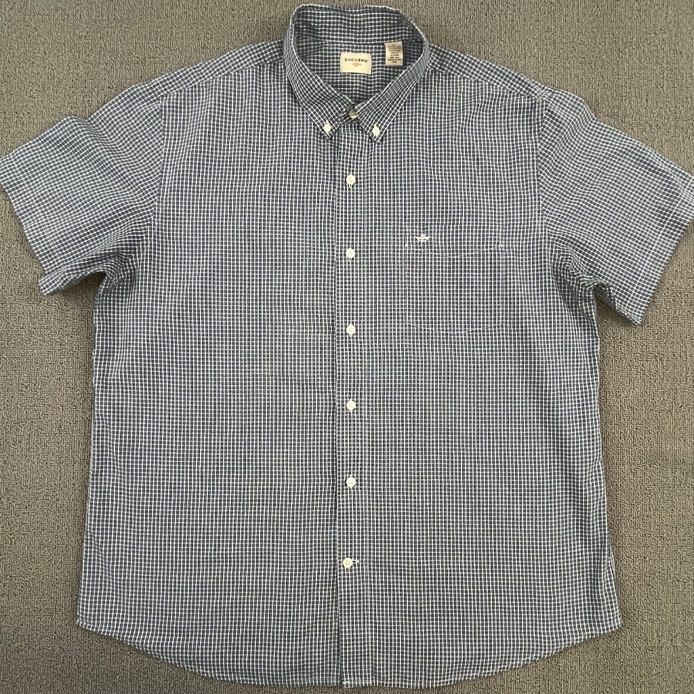Docker Shirt Adult Extra Large Blue Button Up Check Short Sleeve Casual Men